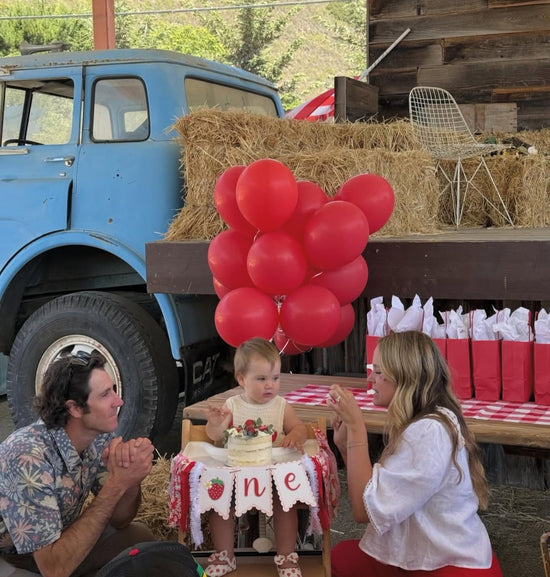Child in a high chair with red balloons and 'one' banner, surrounded by adults and rustic setting.